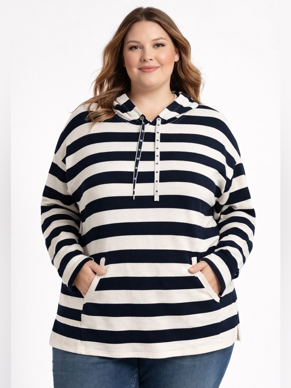 crown & ivy Navy & White Striped Hoodie with Star Drawstrings size xl